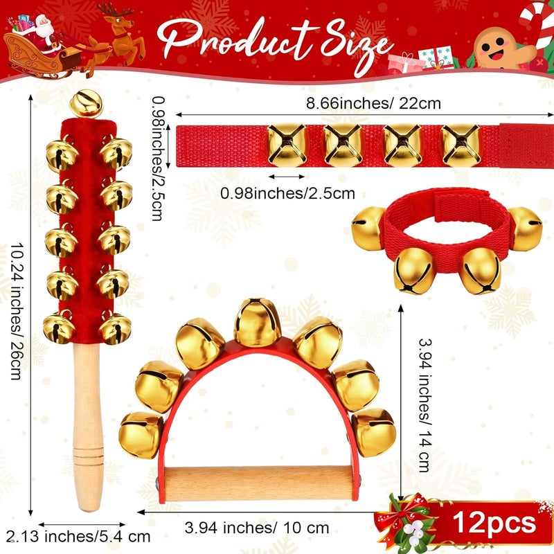 Lukmaa 12 PCS Christmas Hand Jingle Bells Wooden Handle Bells Wrist Band Shaking Bell Stick Musical Percussion Instrument Bell for Xmas Holiday Music Birthday Party Favors (Red, Gold) - Image 2